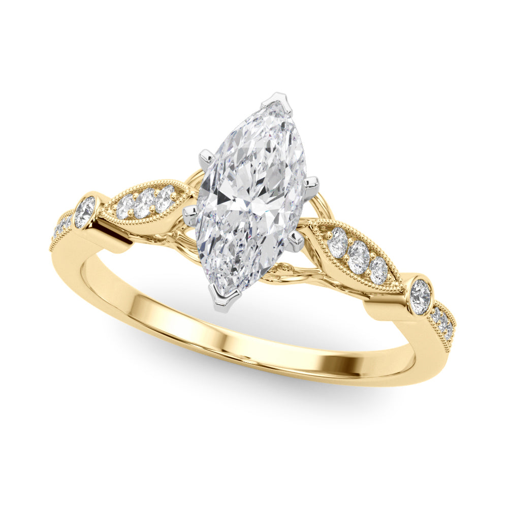 Yellow gold Marquise Cut Diamond with Milgrain Marquise and Bezel Accents on a Solitaire Band with Prong Setting