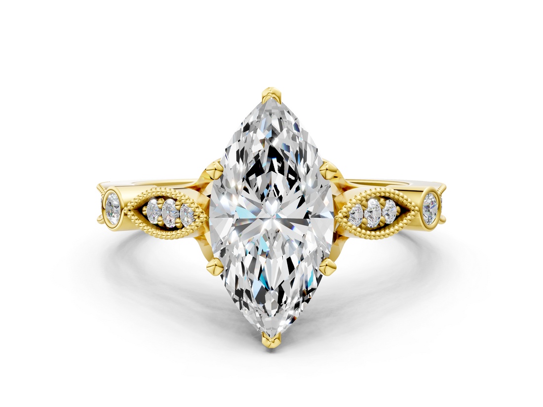 Yellow gold Marquise Cut Diamond with Milgrain Marquise and Bezel Accents on a Solitaire Band with Prong Setting_194