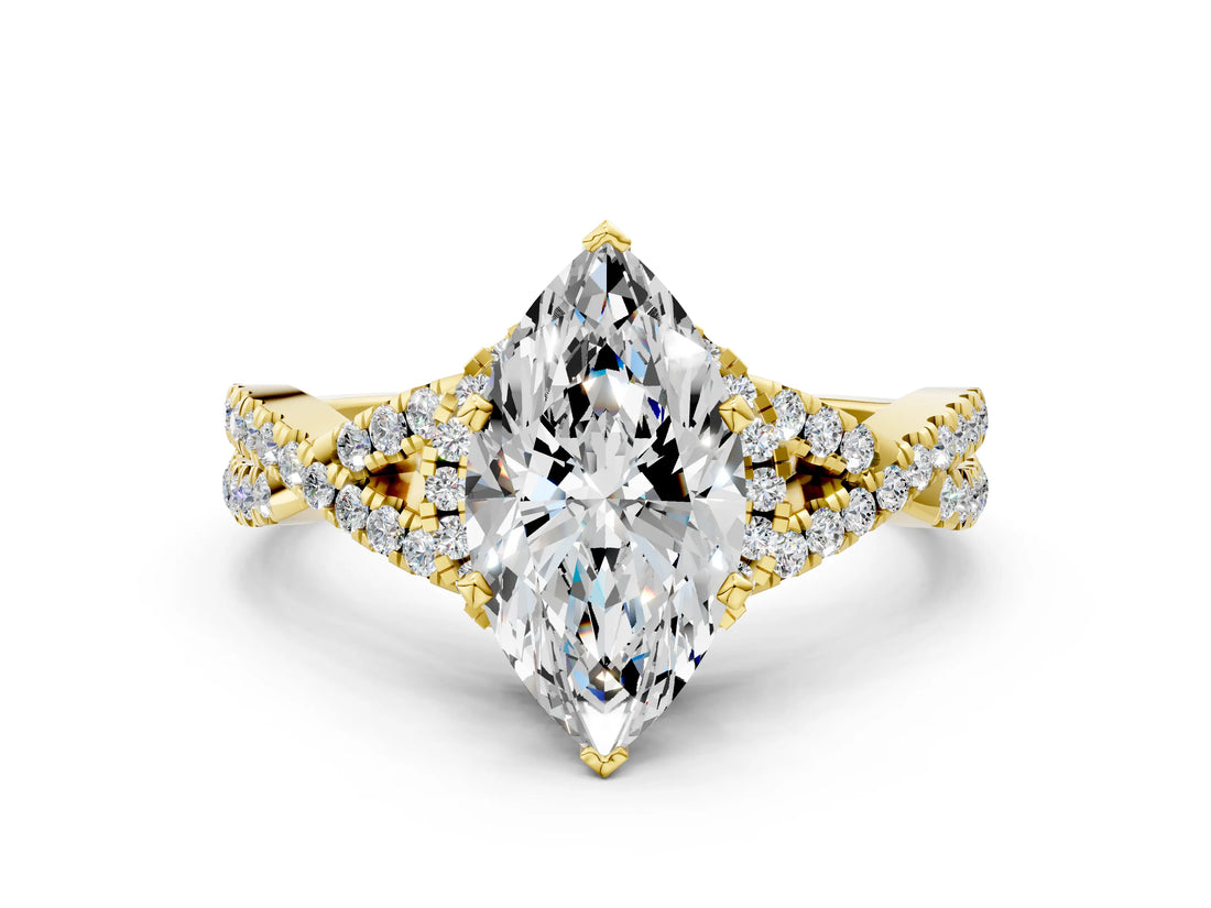 Yellow gold Marquise Cut Diamond with Moissanite side stone Halo Twist Band Solitaire Prong Setting Ring_30