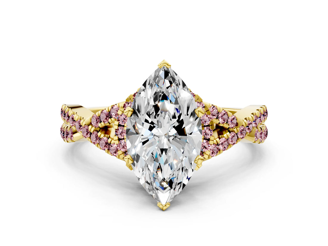 Yellow gold Marquise Cut Diamond with Morganite side stone Halo Twist Band Solitaire Prong Setting Ring_12