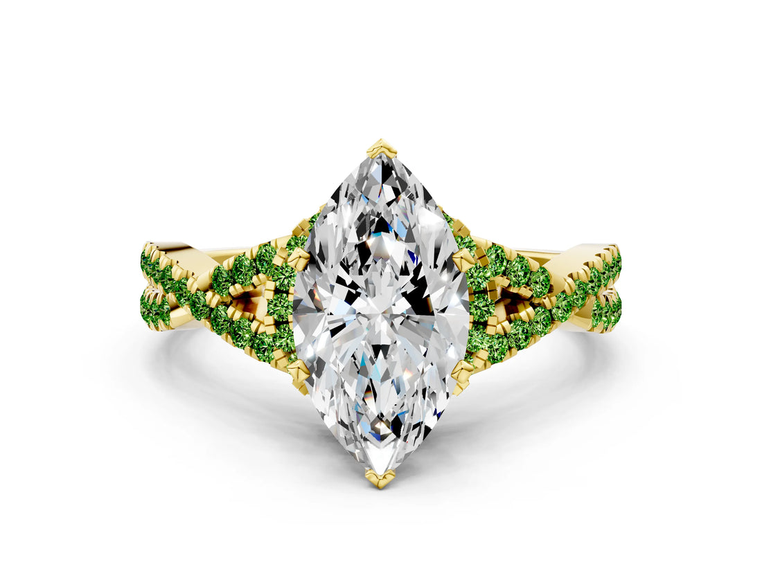 Yellow gold Marquise Cut Diamond with Peridot side stone Halo Twist Band Solitaire Prong Setting Ring_12