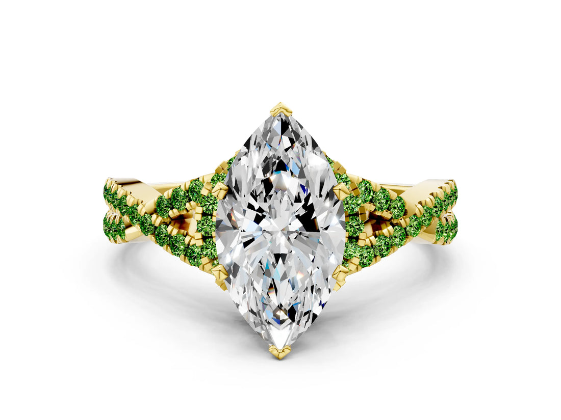 Yellow gold Marquise Cut Diamond with Peridot side stone Halo Twist Band Solitaire Prong Setting Ring_30
