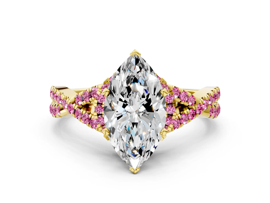 Yellow gold Marquise Cut Diamond with Pink Sapphire side stone Halo Twist Band Solitaire Prong Setting Ring_42