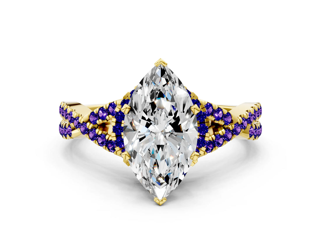 Yellow gold Marquise Cut Diamond with Tanzanite side stone Halo Twist Band Solitaire Prong Setting Ring_12