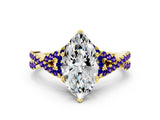Yellow gold Marquise Cut Diamond with Tanzanite side stone Halo Twist Band Solitaire Prong Setting Ring_12