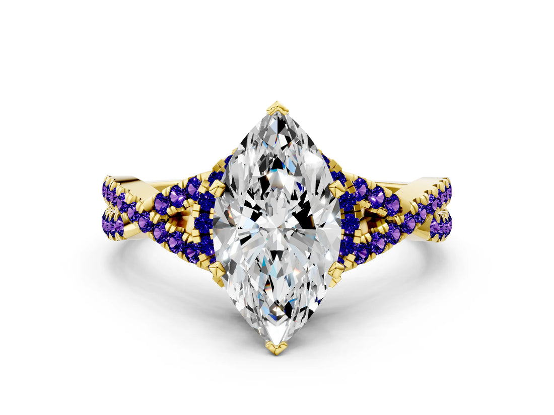 Yellow gold Marquise Cut Diamond with Tanzanite side stone Halo Twist Band Solitaire Prong Setting Ring_30