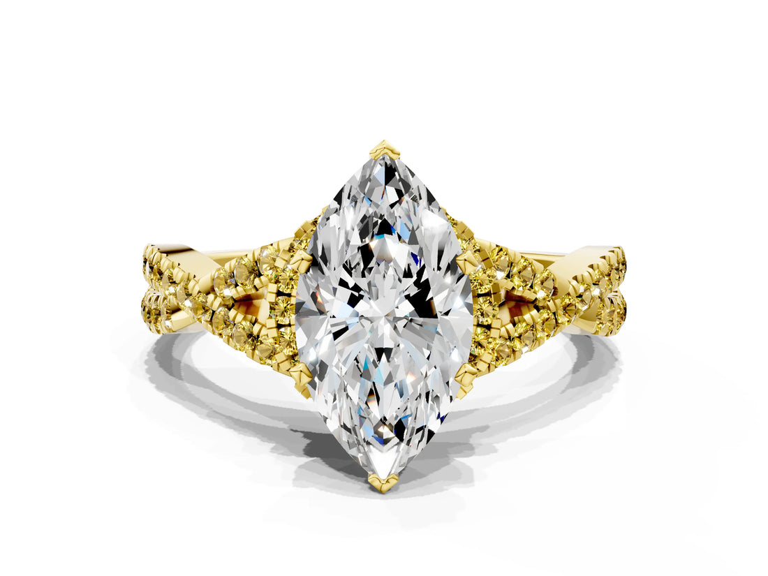 Yellow gold Marquise Cut Diamond with Yellow Sapphire side stone Halo Twist Band Solitaire Prong Setting Ring_42
