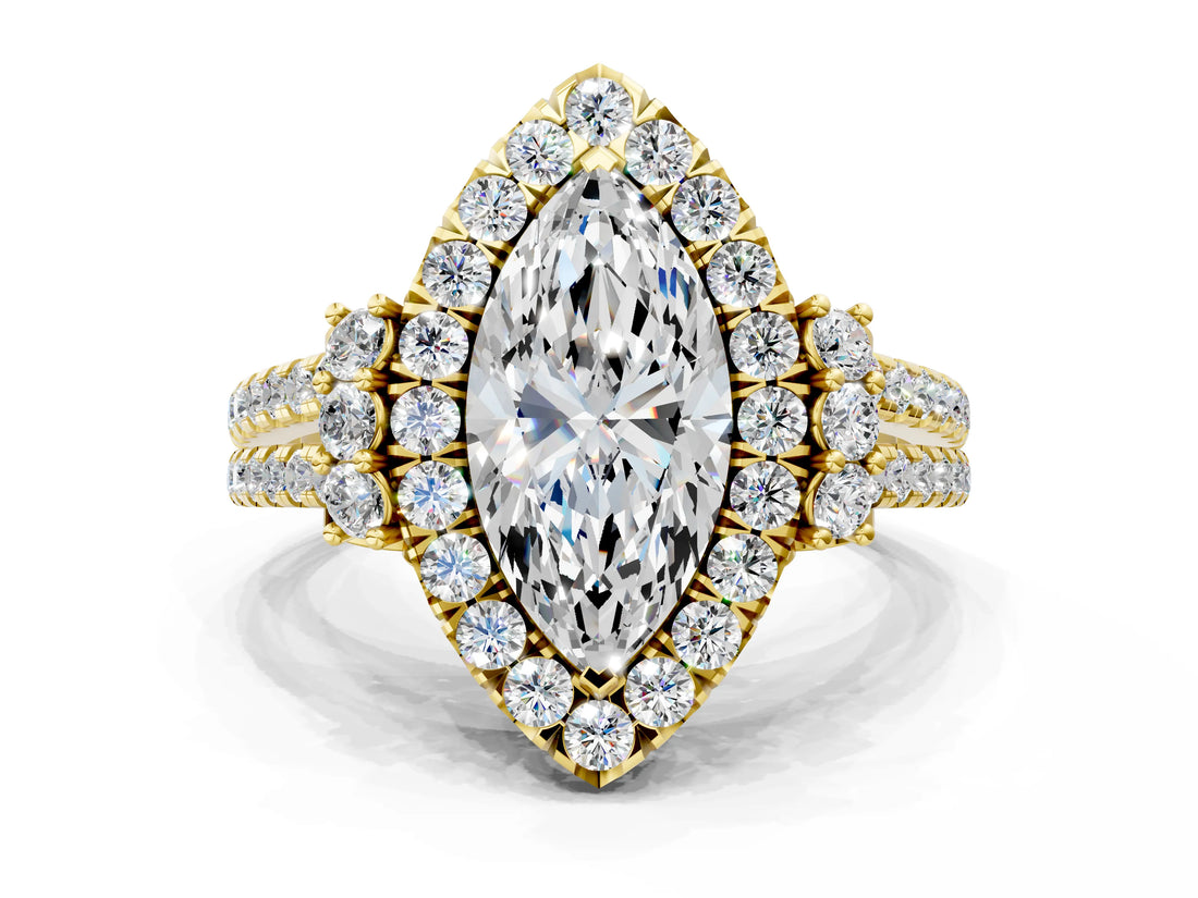 Yellow gold Marquise Cut Double Halo Diamond Engagement Ring with Pave Band and Four-Prong Setting_24
