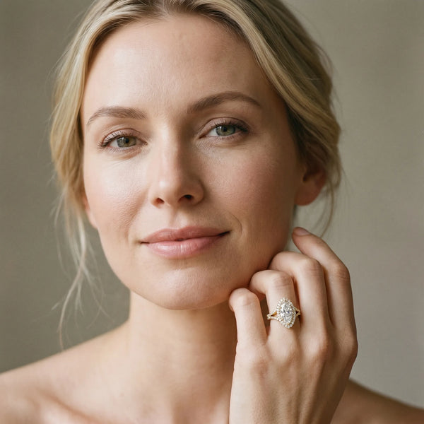 Yellow gold Marquise Cut Double Halo Split Shank Diamond Ring with Prong Setting