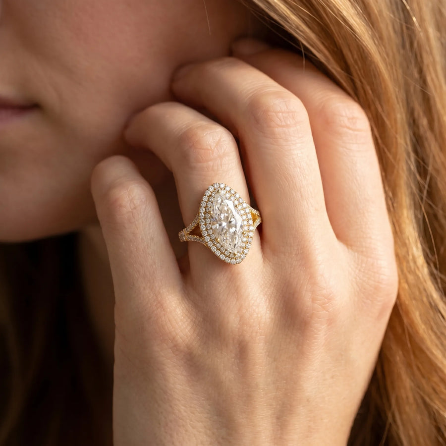 Yellow gold Marquise Cut Double Halo Split Shank Diamond Ring with Prong Setting