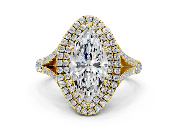 Yellow gold Marquise Cut Double Halo Split Shank Diamond Ring with Prong Setting