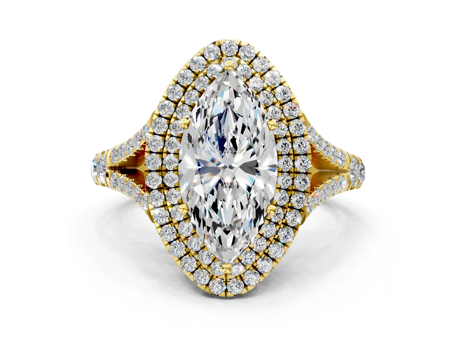 Yellow gold Marquise Cut Double Halo Split Shank Diamond Ring with Prong Setting