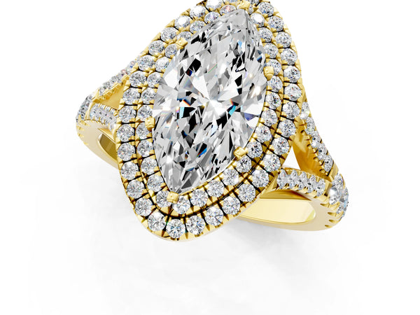 Yellow gold Marquise Cut Double Halo Split Shank Diamond Ring with Prong Setting
