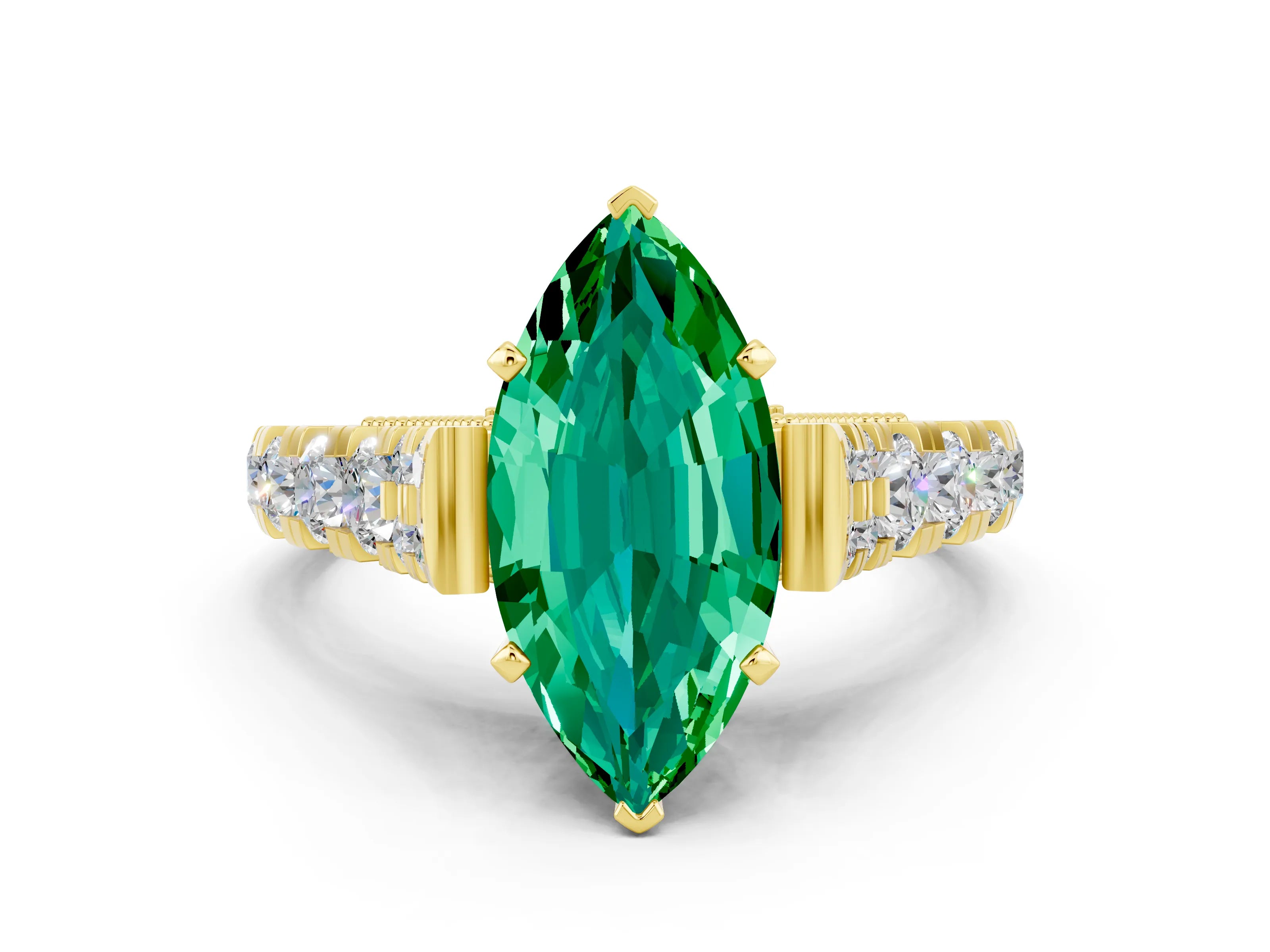 Yellow gold Marquise Cut Emerald Classic Solitaire Ring with Pavé Band and Four-Prong Setting