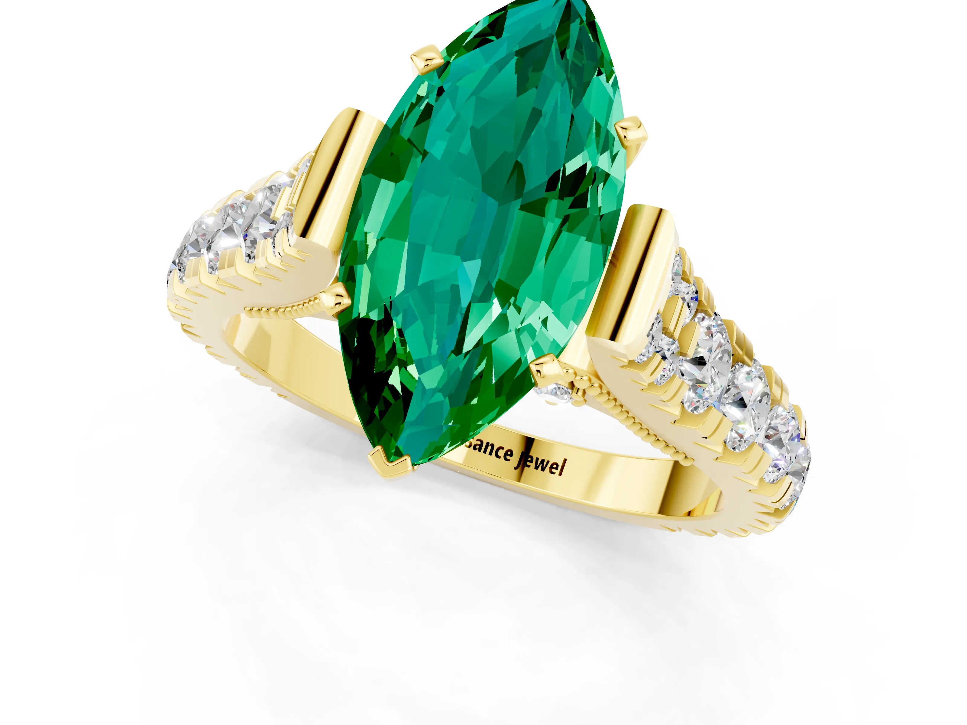 Yellow gold Marquise Cut Emerald Classic Solitaire Ring with Pavé Band and Four-Prong Setting_1