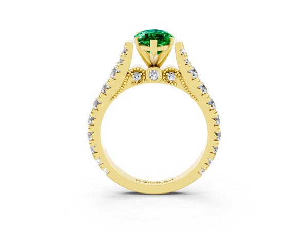 Yellow gold Marquise Cut Emerald Classic Solitaire Ring with Pavé Band and Four-Prong Setting