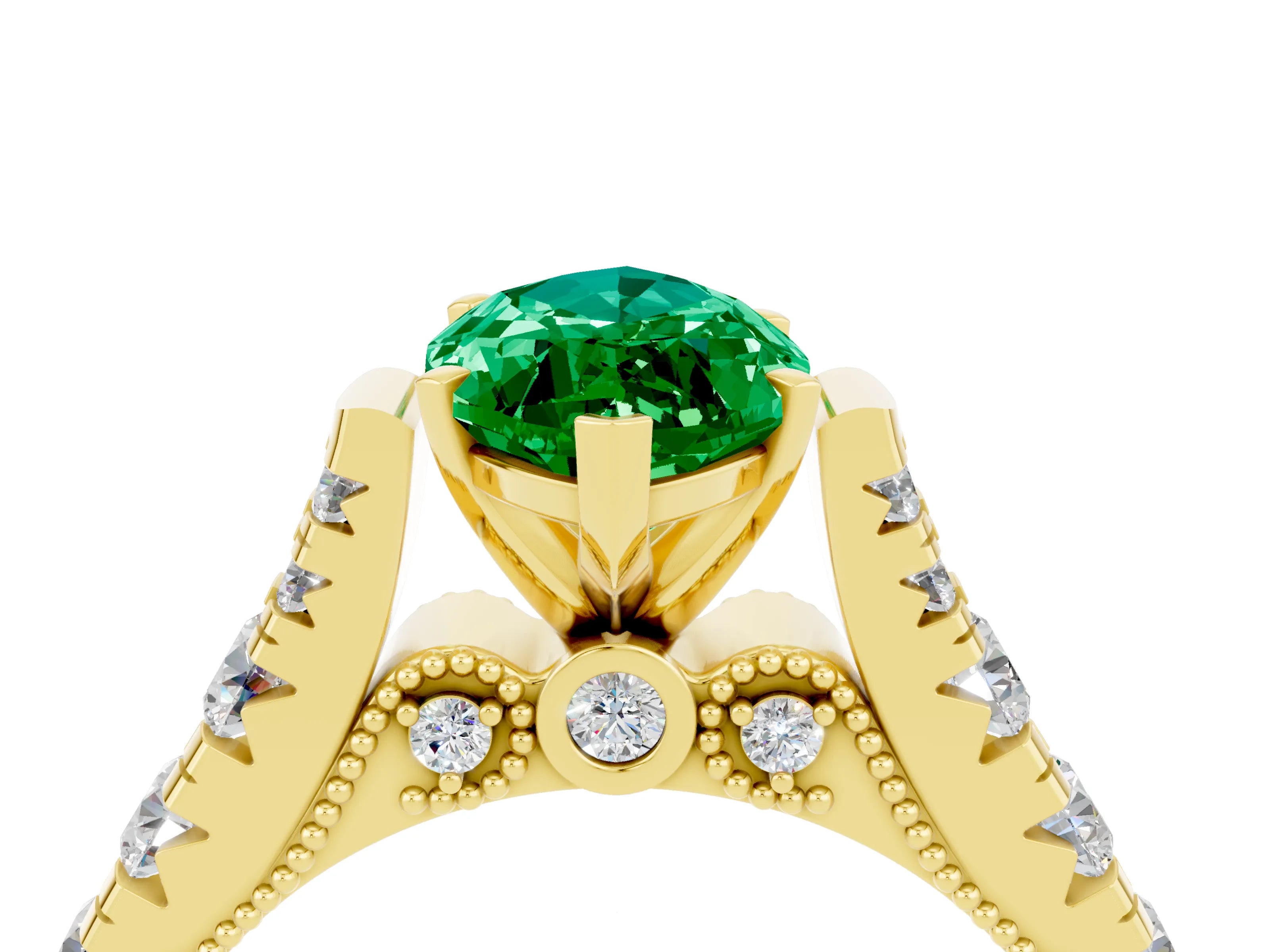 Yellow gold Marquise Cut Emerald Classic Solitaire Ring with Pavé Band and Four-Prong Setting_4