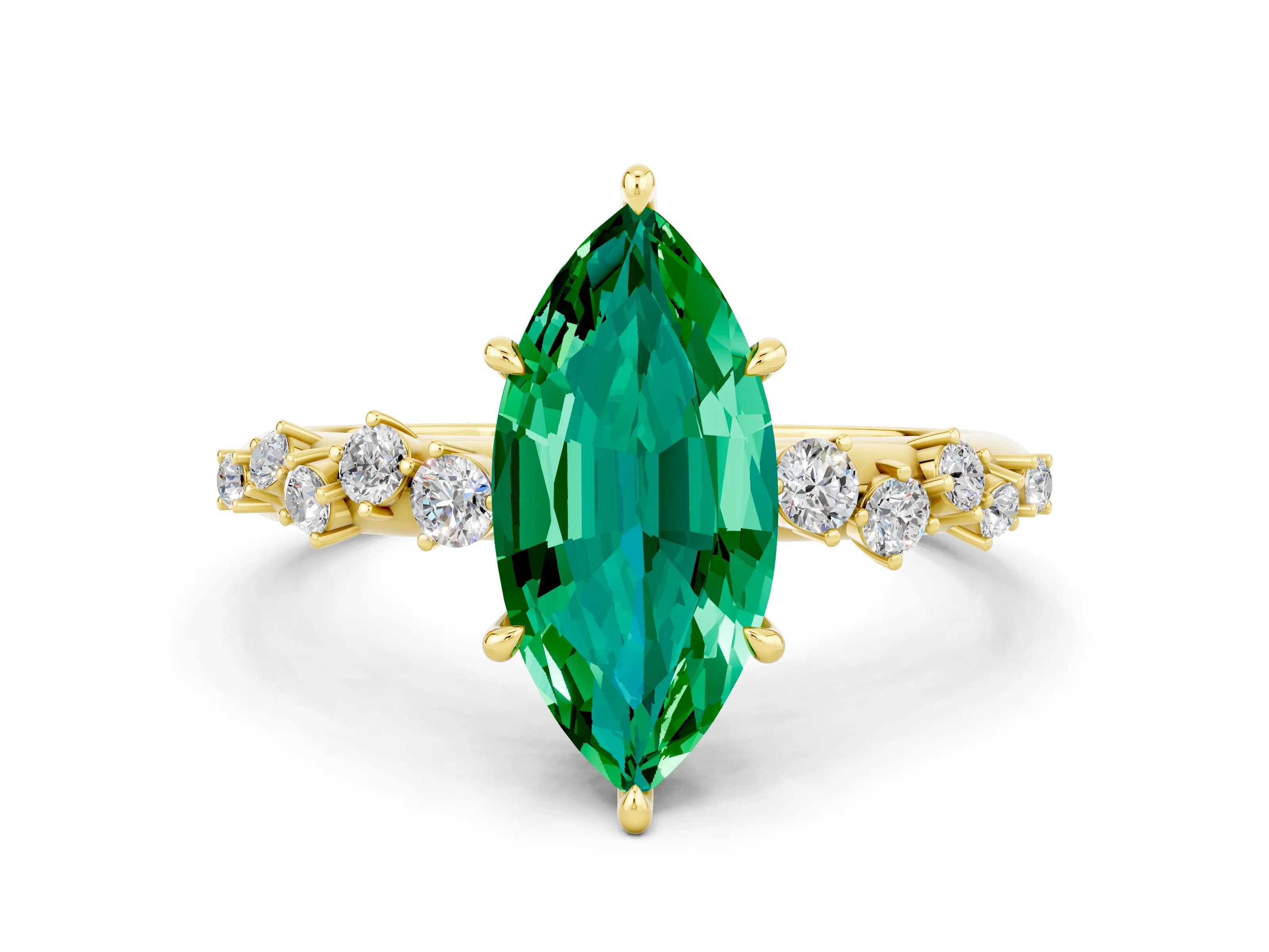 Yellow gold Marquise Cut Emerald Cluster Side Stone Solitaire Ring with Prong Setting_24