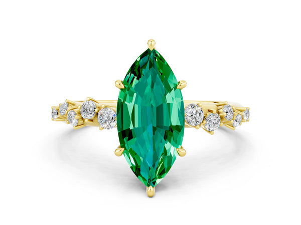 Yellow gold Marquise Cut Emerald Cluster Side Stone Solitaire Ring with Prong Setting