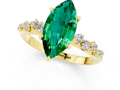 Yellow gold Marquise Cut Emerald Cluster Side Stone Solitaire Ring with Prong Setting_25