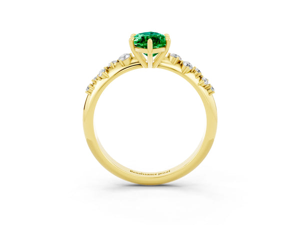Yellow gold Marquise Cut Emerald Cluster Side Stone Solitaire Ring with Prong Setting