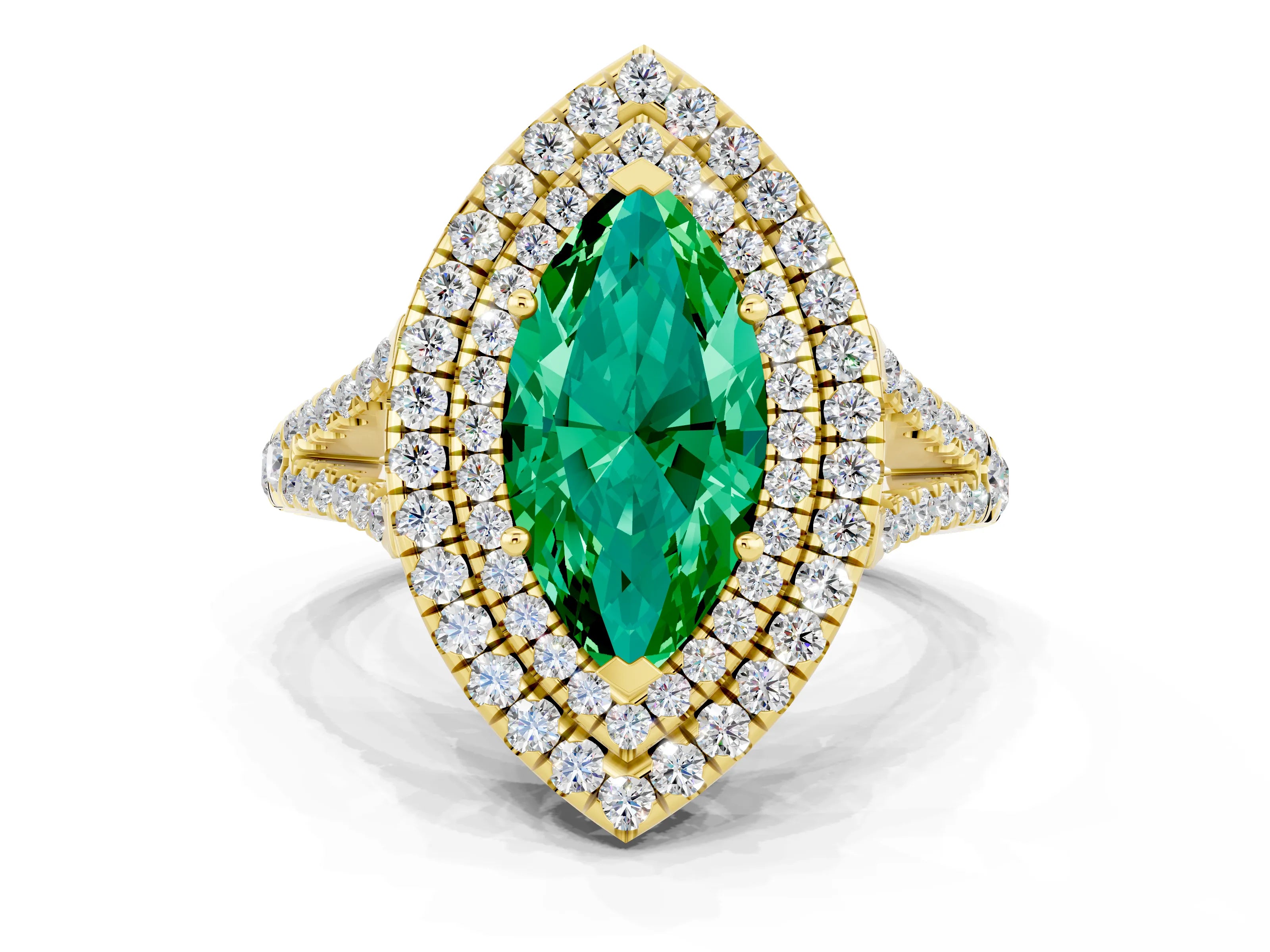 Yellow gold Marquise Cut Emerald Double Halo Ring with Pavé Band and Prong Setting_12