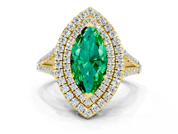 Yellow gold Marquise Cut Emerald Double Halo Ring with Pavé Band and Prong Setting