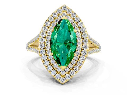 Yellow gold Marquise Cut Emerald Double Halo Ring with Pavé Band and Prong Setting_12