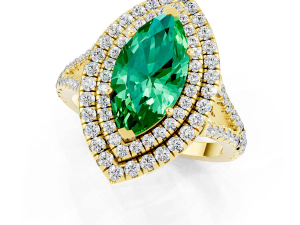 Yellow gold Marquise Cut Emerald Double Halo Ring with Pavé Band and Prong Setting