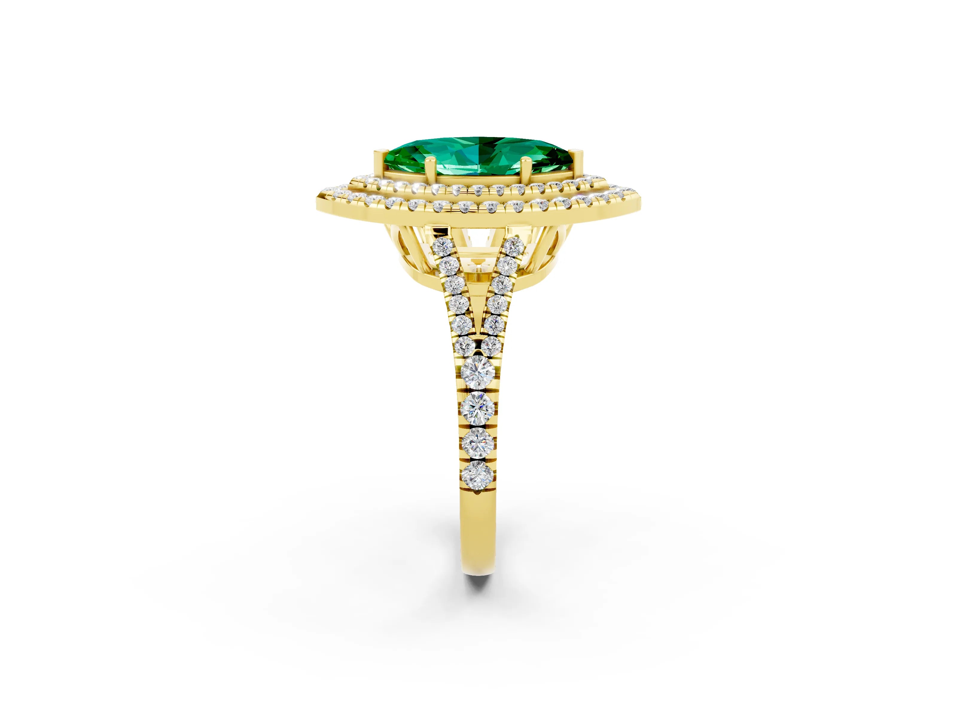 Yellow gold Marquise Cut Emerald Double Halo Ring with Pavé Band and Prong Setting_14