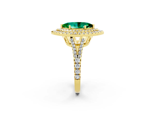 Yellow gold Marquise Cut Emerald Double Halo Ring with Pavé Band and Prong Setting