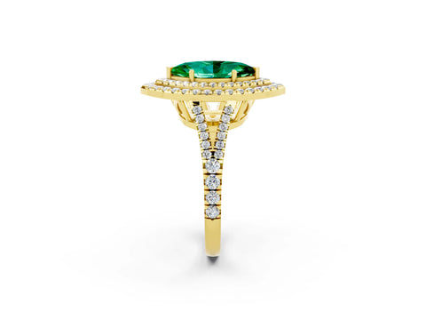 Yellow gold Marquise Cut Emerald Double Halo Ring with Pavé Band and Prong Setting_14