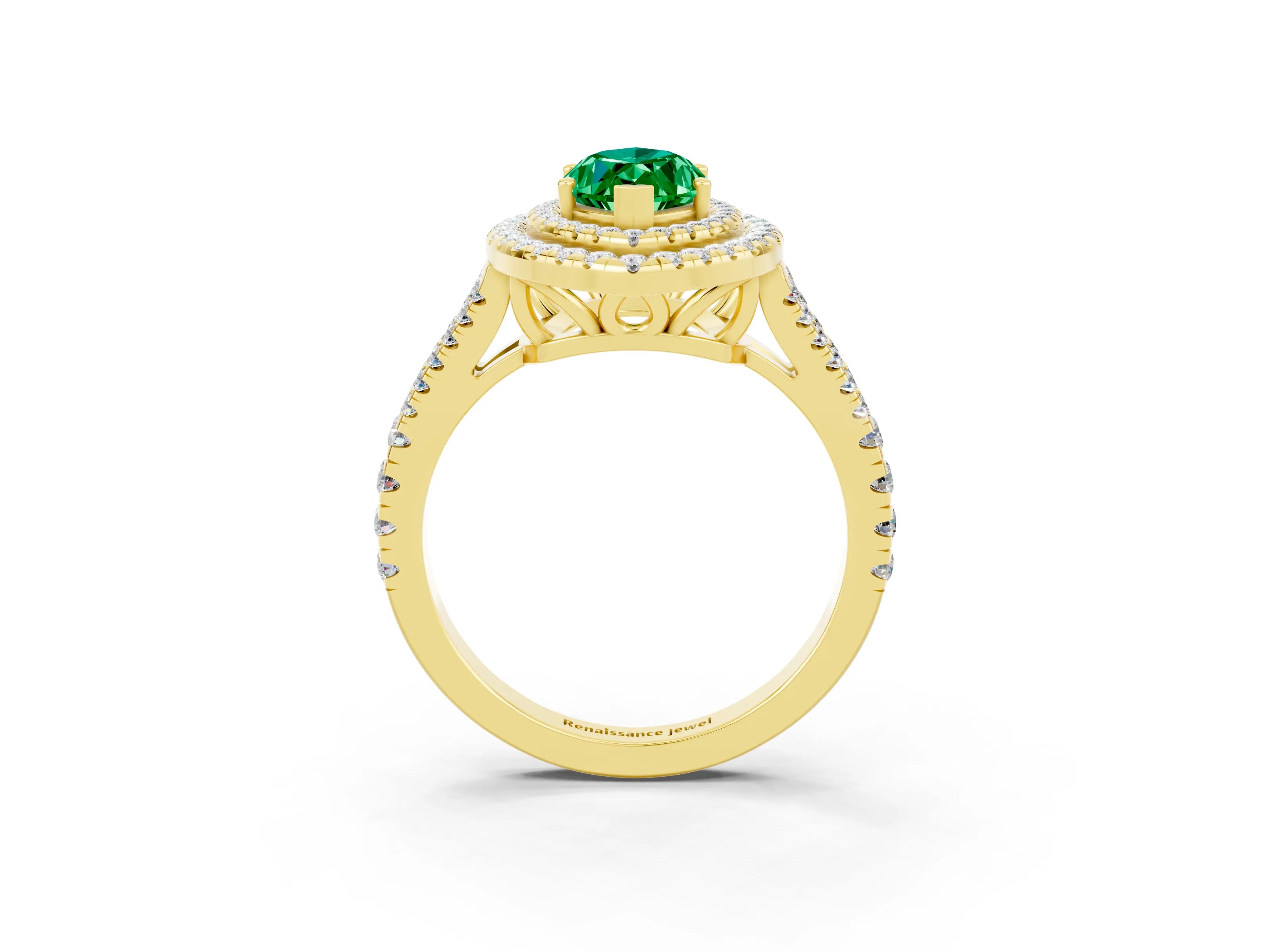 Yellow gold Marquise Cut Emerald Double Halo Ring with Pavé Band and Prong Setting_15