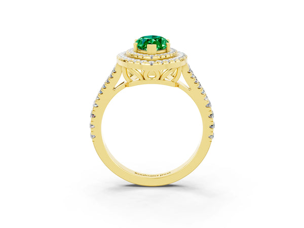 Yellow gold Marquise Cut Emerald Double Halo Ring with Pavé Band and Prong Setting