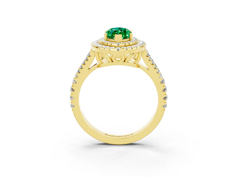 Yellow gold Marquise Cut Emerald Double Halo Ring with Pavé Band and Prong Setting_15