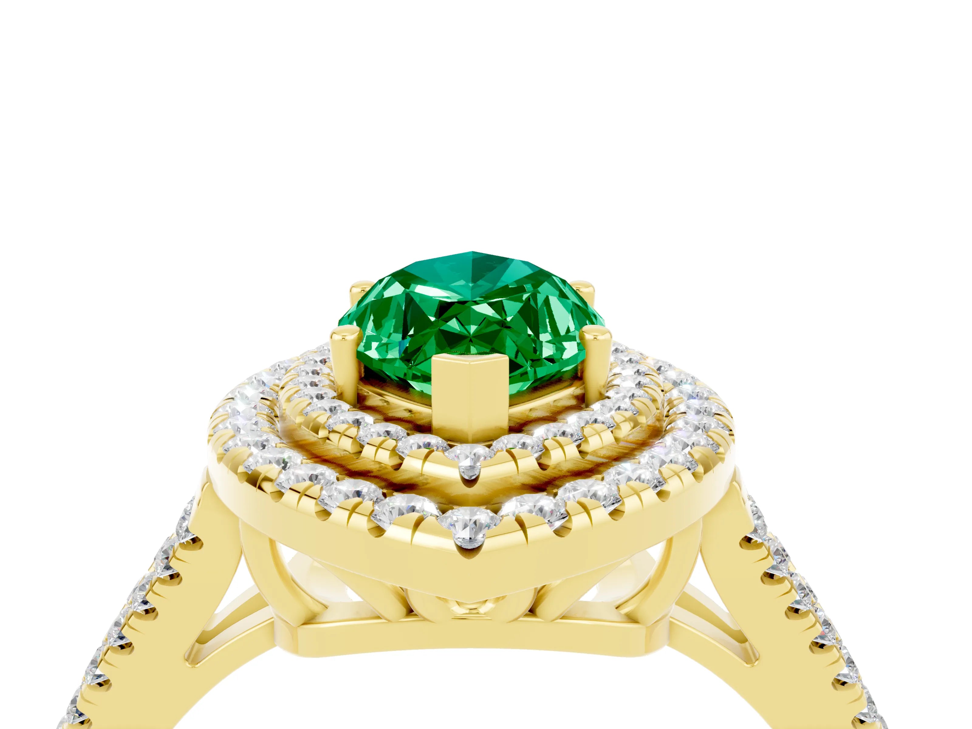 Yellow gold Marquise Cut Emerald Double Halo Ring with Pavé Band and Prong Setting_16