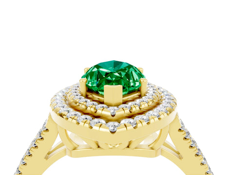 Yellow gold Marquise Cut Emerald Double Halo Ring with Pavé Band and Prong Setting_16