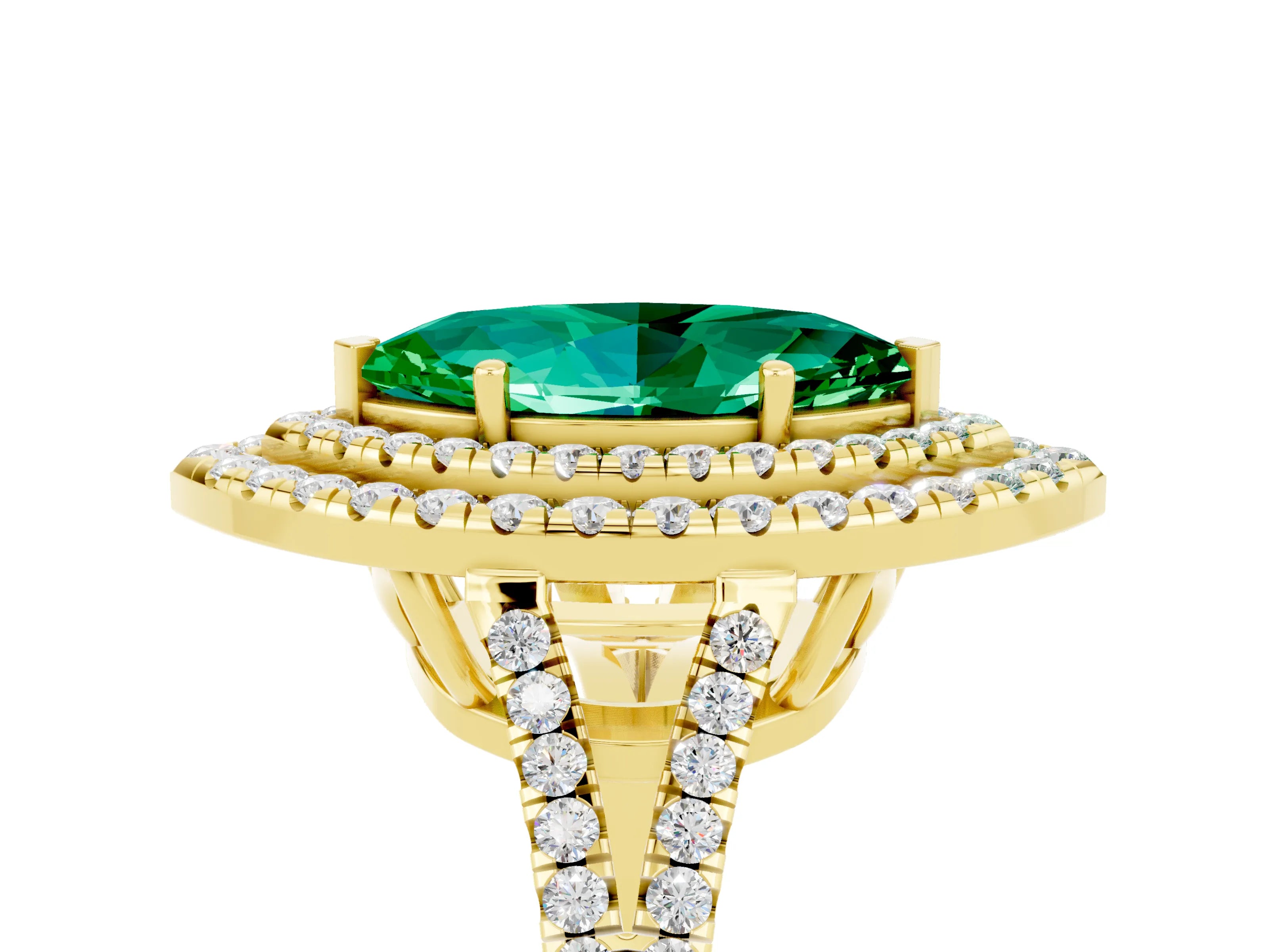 Yellow gold Marquise Cut Emerald Double Halo Ring with Pavé Band and Prong Setting_17
