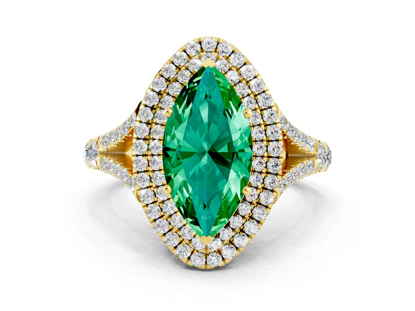 Yellow gold Marquise Cut Emerald Double Halo Ring with Split Shank and Prong Setting