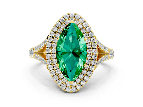 Yellow gold Marquise Cut Emerald Double Halo Ring with Split Shank and Prong Setting_12