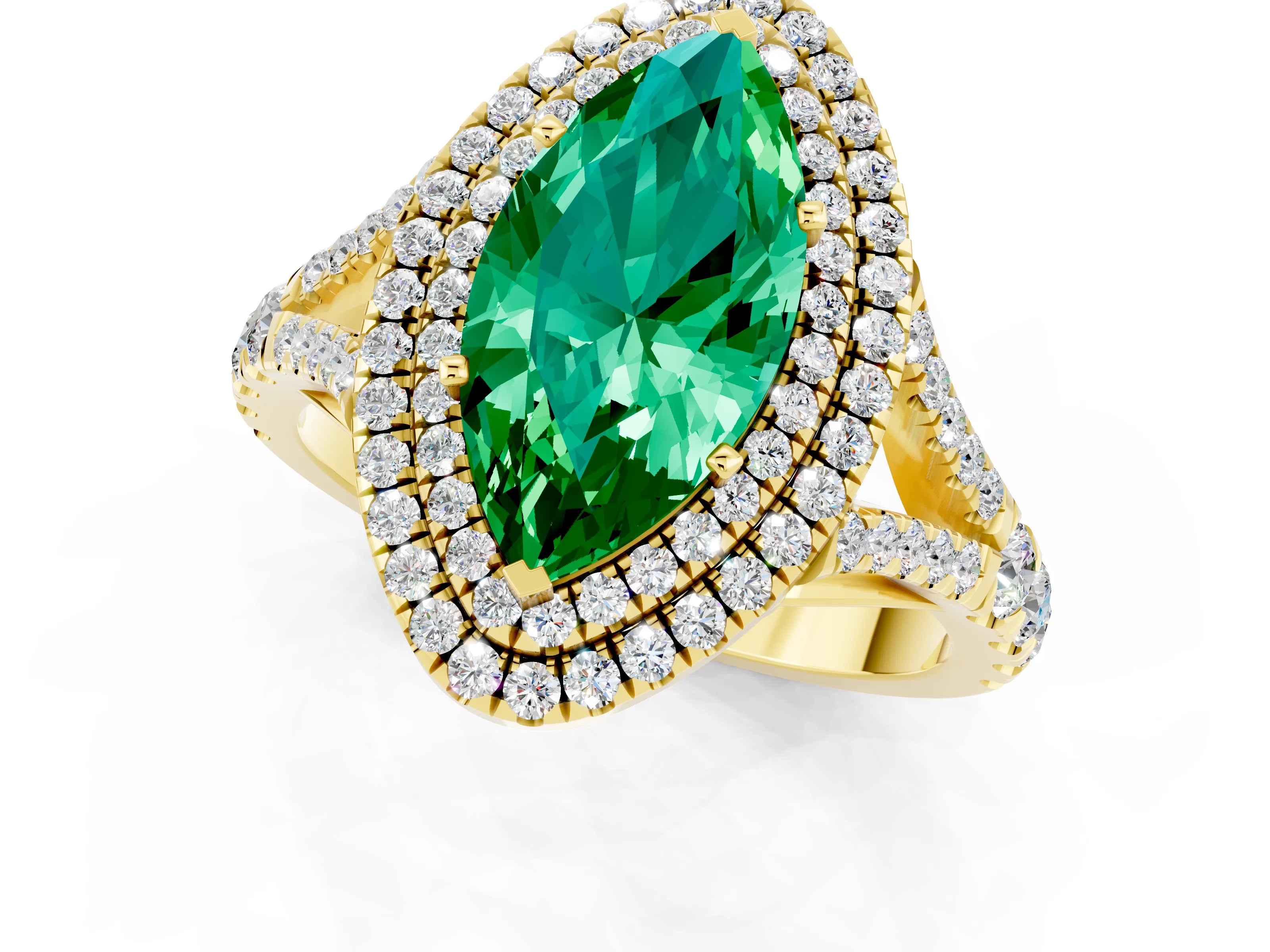 Yellow gold Marquise Cut Emerald Double Halo Ring with Split Shank and Prong Setting_13
