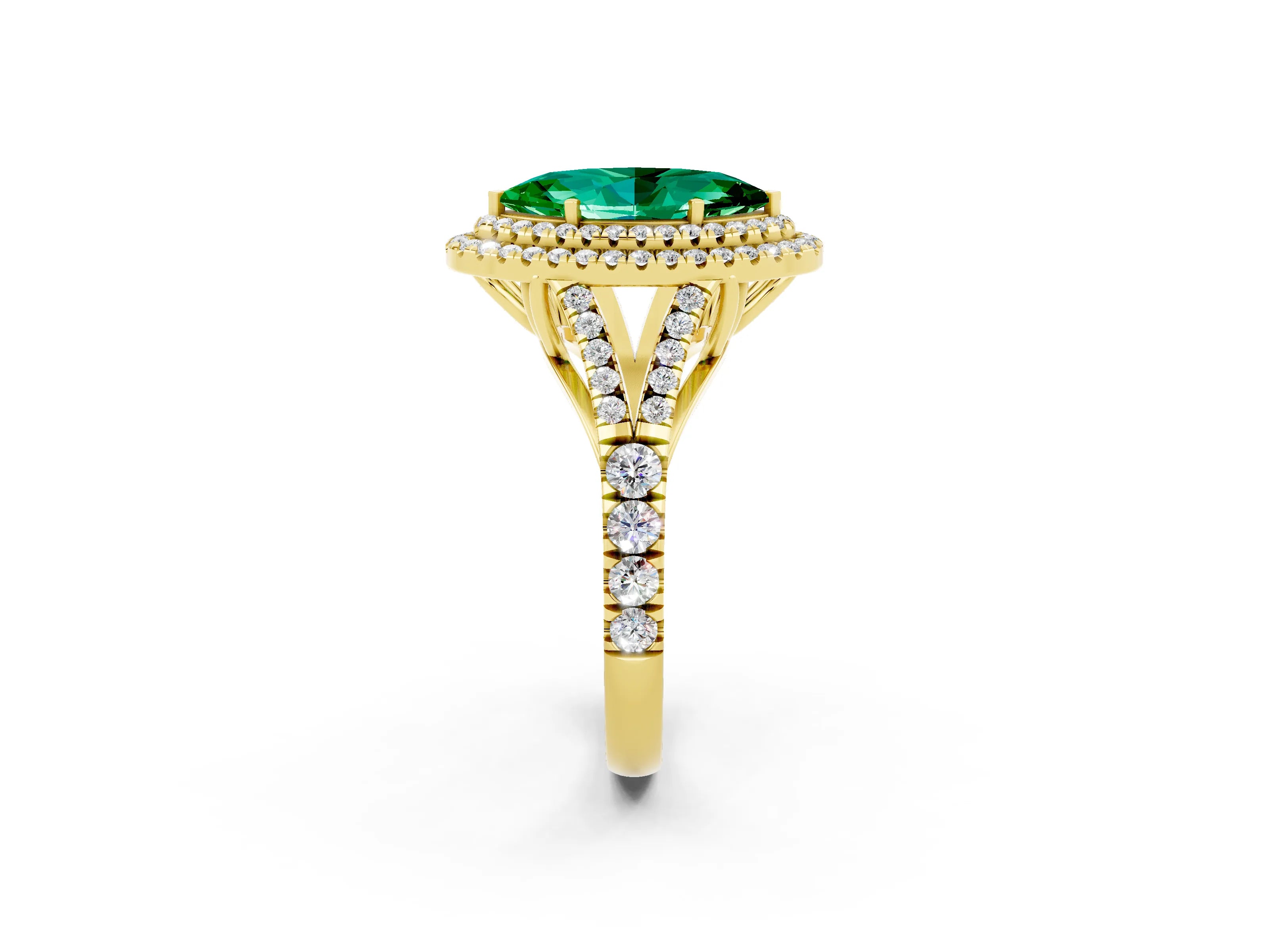 Yellow gold Marquise Cut Emerald Double Halo Ring with Split Shank and Prong Setting_14