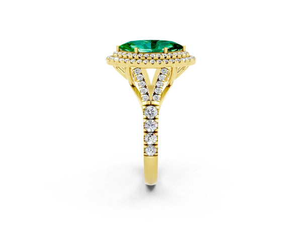 Yellow gold Marquise Cut Emerald Double Halo Ring with Split Shank and Prong Setting