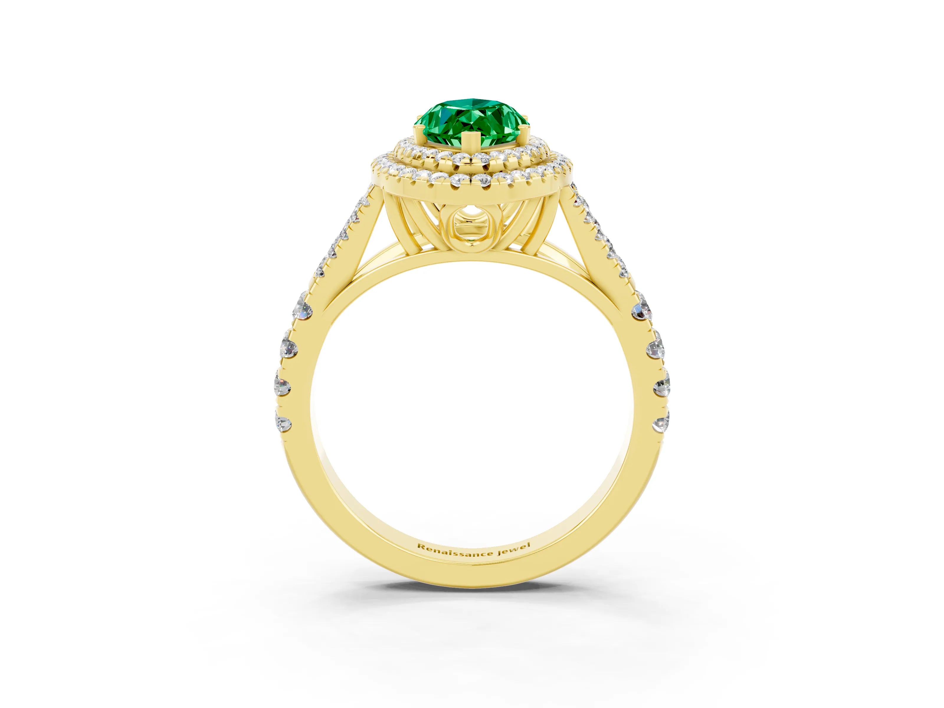 Yellow gold Marquise Cut Emerald Double Halo Ring with Split Shank and Prong Setting_15