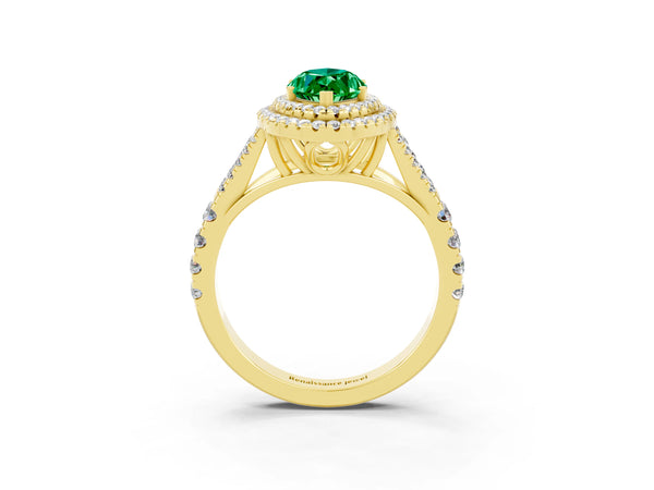 Yellow gold Marquise Cut Emerald Double Halo Ring with Split Shank and Prong Setting