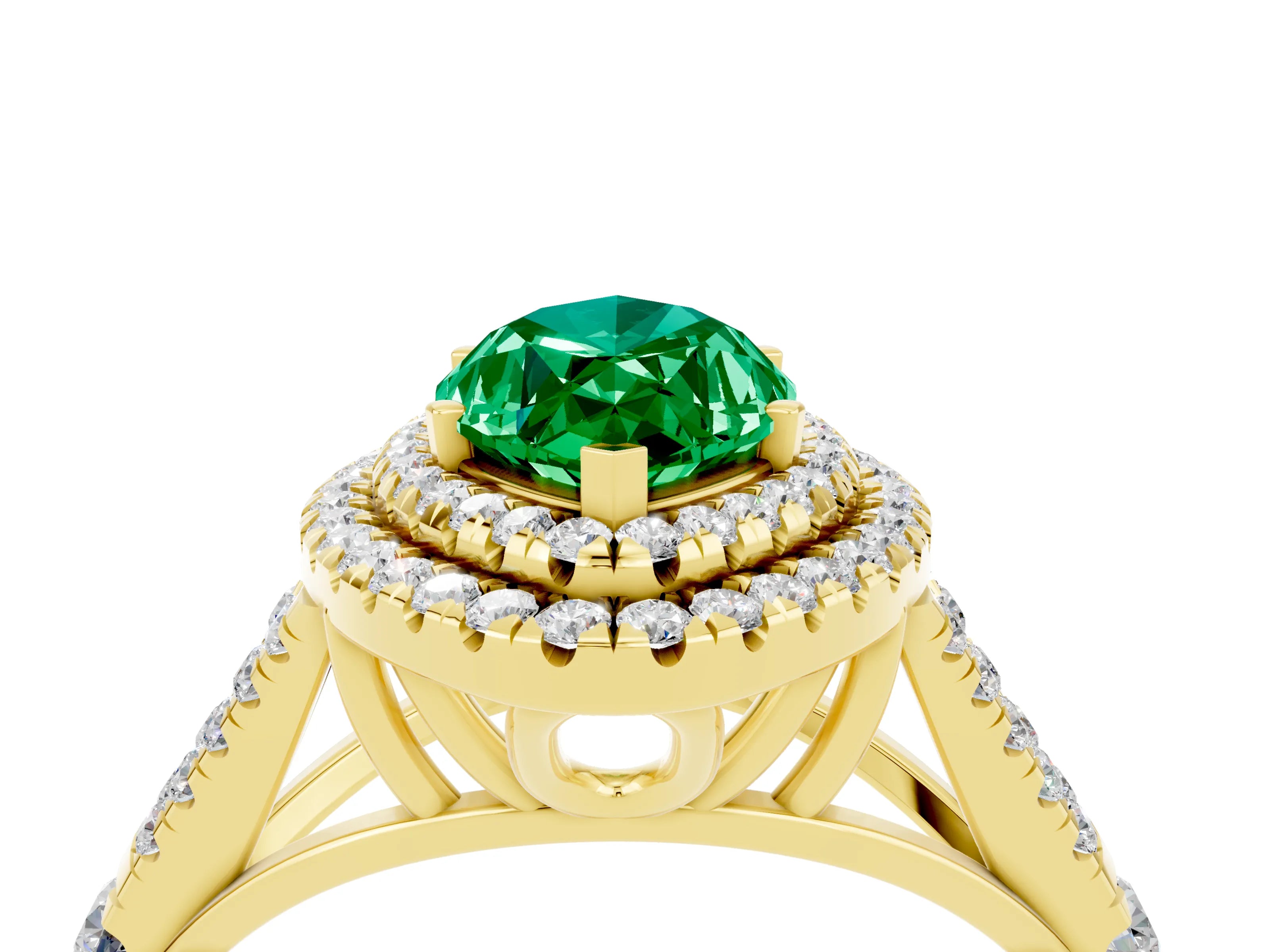 Yellow gold Marquise Cut Emerald Double Halo Ring with Split Shank and Prong Setting_16