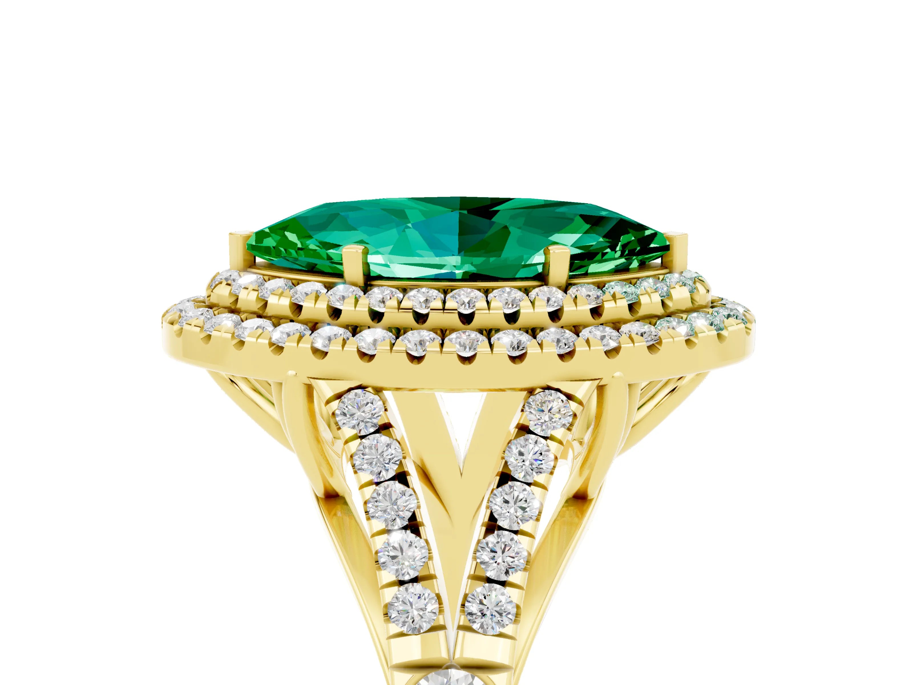 Yellow gold Marquise Cut Emerald Double Halo Ring with Split Shank and Prong Setting_17