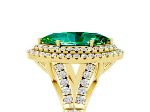 Yellow gold Marquise Cut Emerald Double Halo Ring with Split Shank and Prong Setting_17