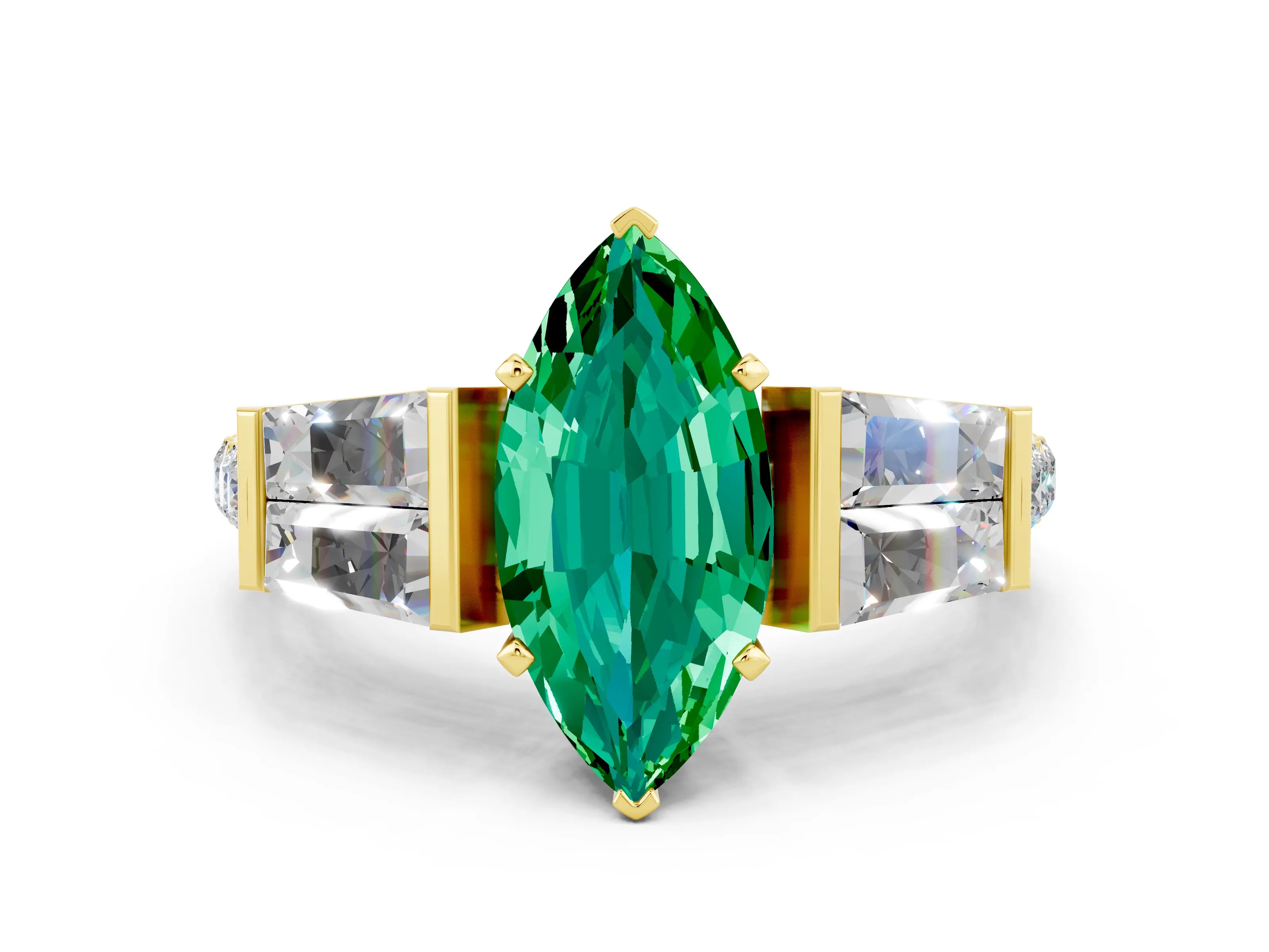 Yellow gold Marquise Cut Emerald Engagement Ring with Baguette Side Stones and Channel Set Band