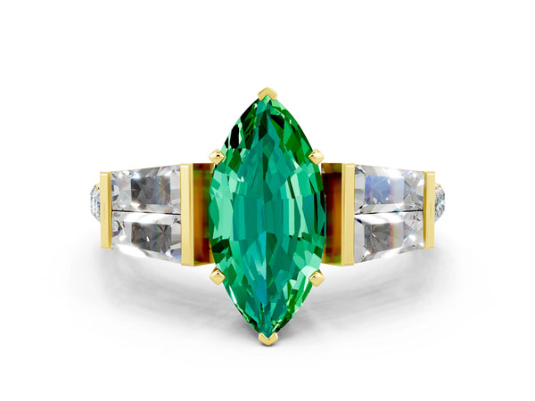 Yellow gold Marquise Cut Emerald Engagement Ring with Baguette Side Stones and Channel Set Band